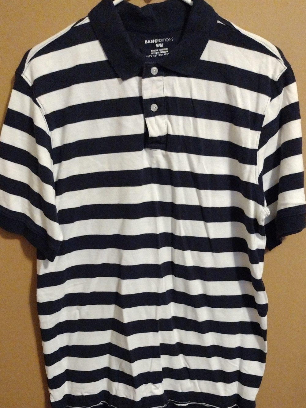 Basic Editions Navy & White Horizontal Stripe Polo Size M 100% Cotton